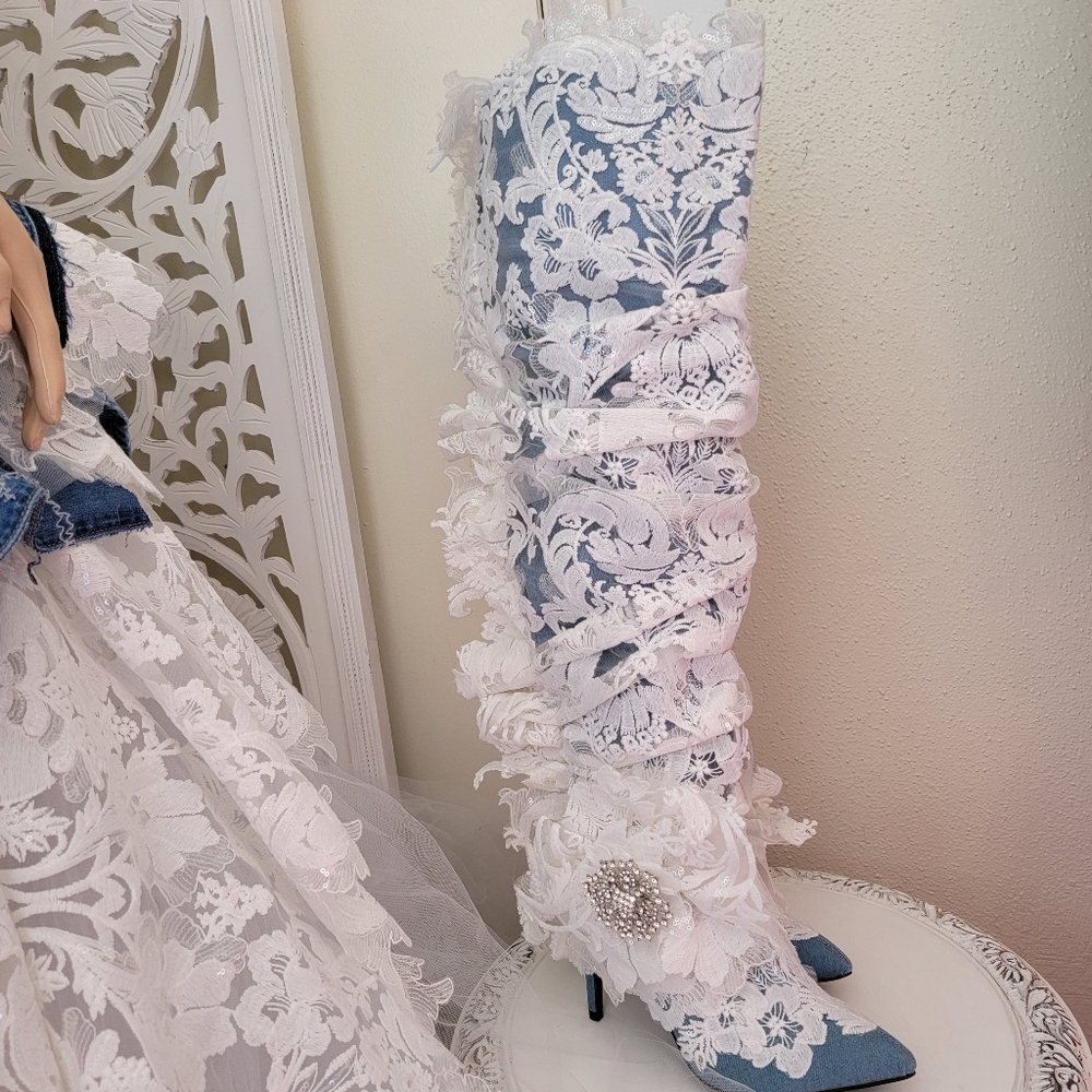 The "MOREA" Denim, Crystal & Lace Rustic Wedding Thigh Boots